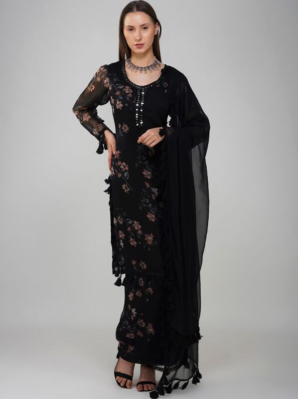 Black Georgette Mirror Embroidered Designer Suit Set