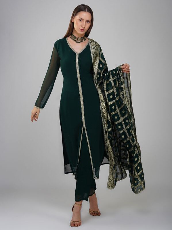 Dark Green Georgette Jacqaurd Designer Suit Set